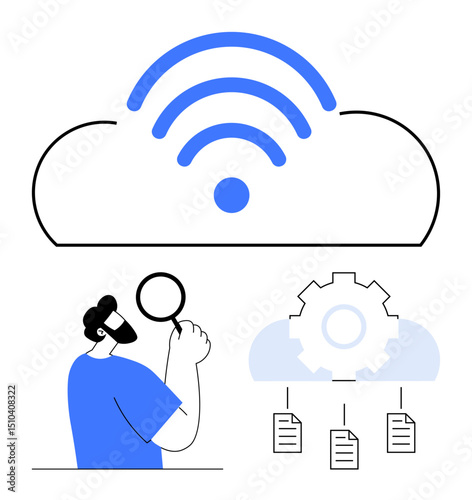wireless cloud signal over gear, documents, and person analyzing process flow with magnifying glass. Ideal for connectivity, networking, data management, cloud computing, analysis, information flow