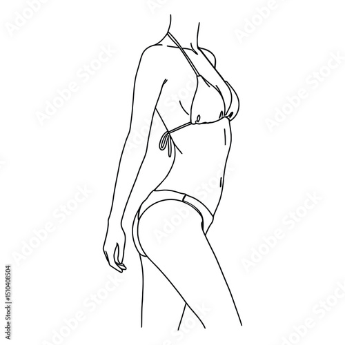 Woman in Bikini Side View Line Art Drawing