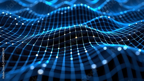 Abstract blue digital wave grid network data technology illustration. Wave with connecting dots and lines .