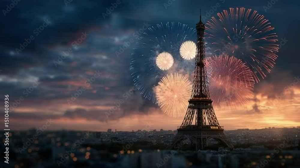 Eiffel Tower Fireworks Display: Eiffel Tower under a dramatic, cloudy sky is the centerpiece of vibrant fireworks display, bursting with colors and light.
