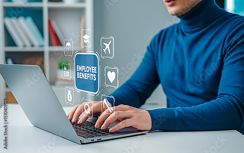 “A professional side-angle shot of hands typing on a silver laptop with floating white employee benefits icons