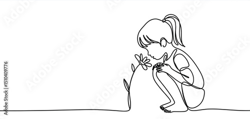Little Girl Kneeling and Smelling a Flower One Line Drawing