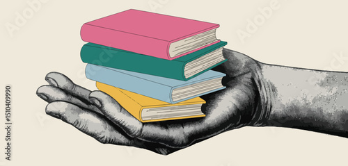 Hand Holding a Stack of Colorful Books Illustration