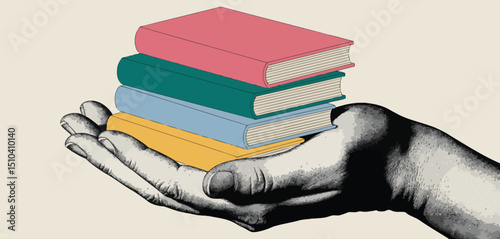 Hand Holding a Stack of Colorful Books Illustration