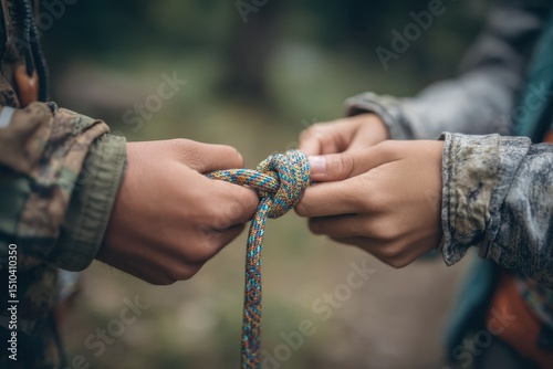 Two Hands Tying a Colorful Knot Outdoors, Showcasing Cooperation and Skill in a Natural Environment, Perfect for Adventure and Teamwork Themes