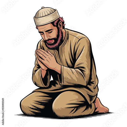 Muslim Man Kneeling in Prayer Humble Devotion