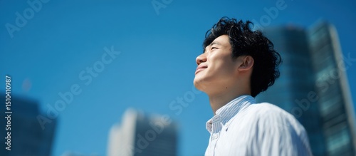 A man is smiling and looking up at the sky