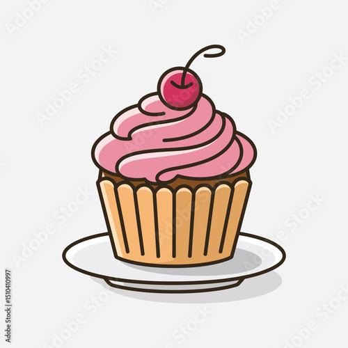 Delicious Pink Cupcake with Cherry on a Plate