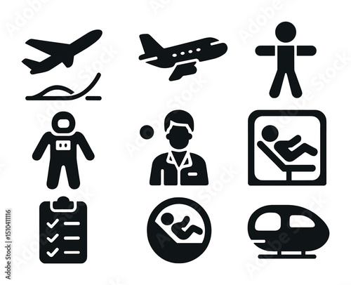 Microgravity Training Icons. Solid, filled icons set of microgravity simulation and training: parabolic flight