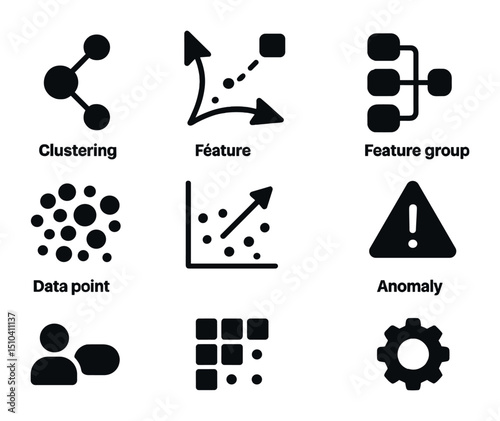 Unsupervised Learning Icons. Solid, filled icons set of unsupervised learning techniques: clustering node,