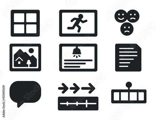 Storyboard Icon Set. Solid, filled icons set of storyboard and concept board: frame sequence, action sketch,
