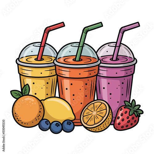 Three Colorful Fruit Smoothies with Fresh Ingredients