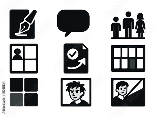 Comic Icon Grid. Solid, filled icons set of illustration and comic idea board: inking sample, speech bubble,