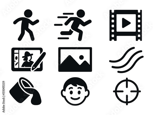 Animation Icon Set. Solid, filled icons set of animation inspiration board: character pose, movement blur,