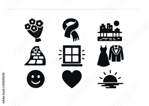 Romantic City Icons. Solid, filled icons set of romantic city outings in style: bouquet icon, elegant scarf,
