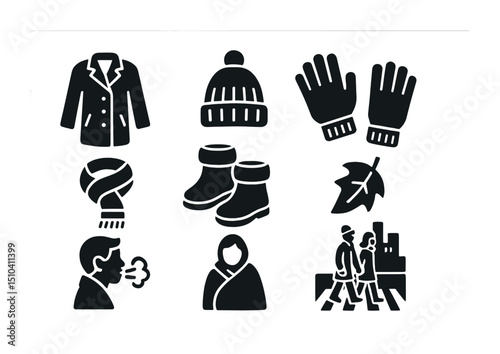 Cold Weather Fashion Icons. Solid, filled icons set of cold-weather fashion for couples: wool coat, knit