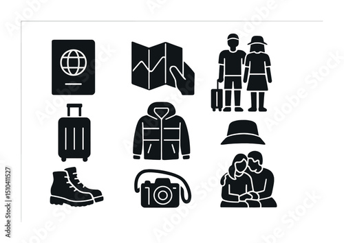 Travel Fashion Icons. Solid, filled icons set of couple travel fashion: passport icon, map in hand, airport