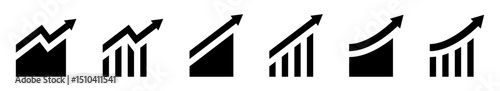 Conjunto de iconos de gráficas crecientes. Concepto de finanzas. Seis estilos de crecimiento visual, flecha creciente, columnas, curva, barras. Ilustración vectorial