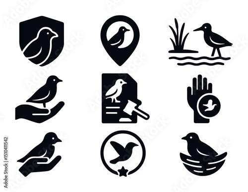 Migratory Bird Conservation Icons. Solid, filled icons set of conservation efforts for migratory birds: