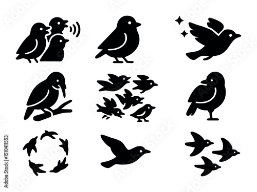 Migratory Bird Icons. Solid, filled icons set of bird behaviors during migration: group call, energy reserve,