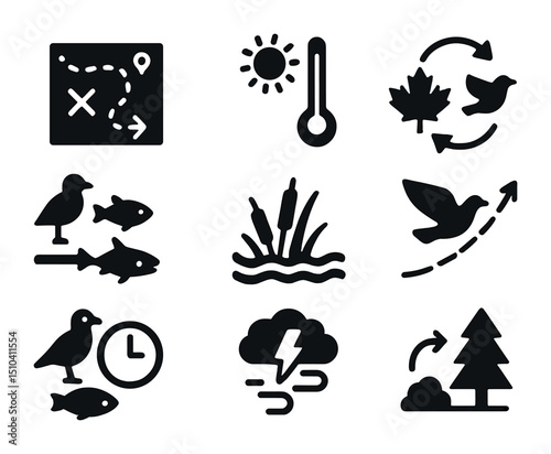 Climate Impact Icons. Solid, filled icons set of climate change impact on migration: route disruption,