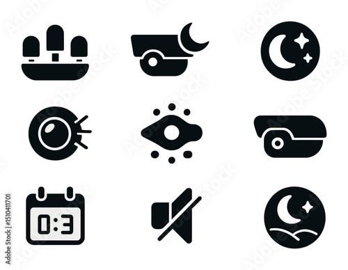Night Surveillance Icons. Solid, filled icons set of night surveillance tools: IR LED, dark mode cam, night