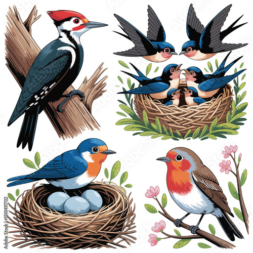 Collection of Four Bird Species with Nests and Eggs