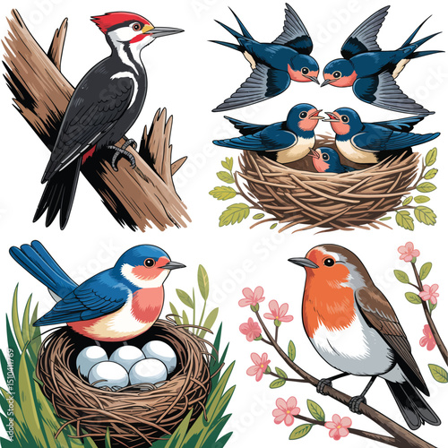 Collection of Bird Illustrations Nests Eggs and Branches