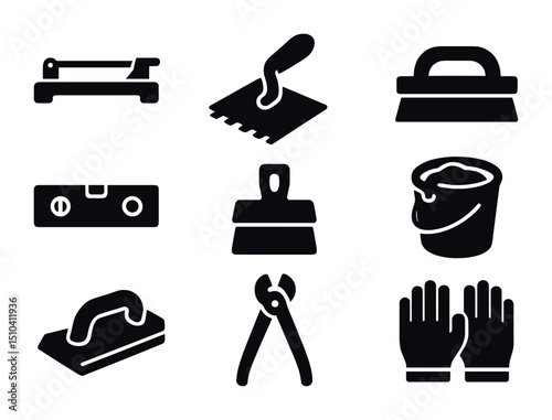 Tile Tools Icons. Solid, filled icons set of tile installation tools: tile cutter, notched trowel, rubber