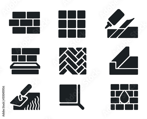 Kitchen Tile Icons. Solid, filled icons set of kitchen tile and backsplash design: subway tile, tile sheet,