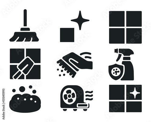 Tile Cleaning Icons. Solid, filled icons set of floor tile cleaning and preservation: mop head, shine streak,
