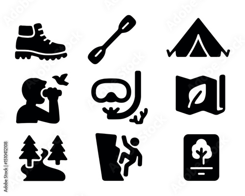 Nature Activity Icons. Solid, filled icons set of nature-based travel activities: hiking boots, kayak paddle,