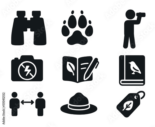 Wildlife Tourism Icons. Solid, filled icons set of wildlife-friendly tourism: binoculars, animal track,