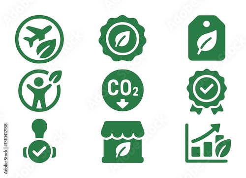 Eco Certification Icons. Solid, filled icons set of green certification and standards: eco travel badge,