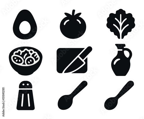 Salad Preparation Icons. Solid, filled icons set of preparing a fresh salad with avocado, tomatoes, and greens