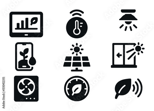 Smart Green Building Icons. Solid, filled icons set of smart green building technology: energy dashboard,