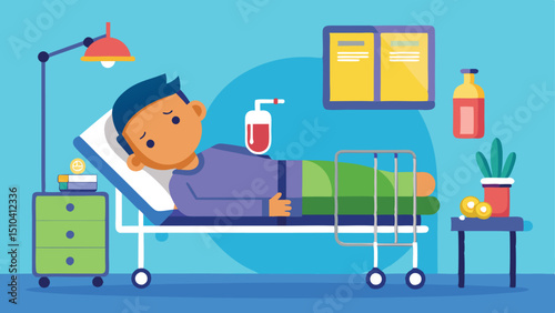 Cartoon Illustration of a Sick Boy in Hospital Bed Getting Blood Transfusion