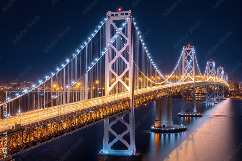 Obraz premium Modern bridge illuminated with integrated LED lighting at night. Visual for urban lighting design, smart city infrastructure, public space development and architectural night photography.