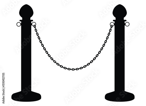 Two symmetrical vertical metal stanchions with rounded tops/bottoms and rings, connected by hanging chains forming an arc. Minimal barrier design isolated on white background. Front-facing, functional