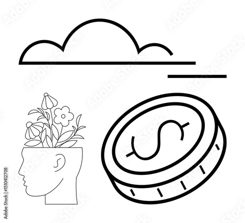 Profile head growing flowers, cloud, and coin highlighting creativity, sustainability, wealth. Ideal for mental health, growth mindset, innovation, finance eco-consciousness productivity simple
