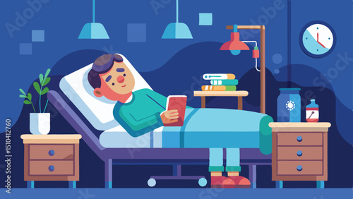 Cartoon Man Resting in Hospital Bed Reading a Book with IV Drip Beside Him