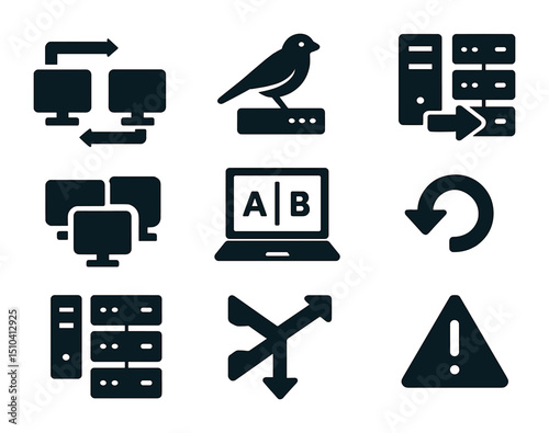 Deployment Strategy Icons. Solid, filled icons set of deployment strategies: blue-green, canary release,