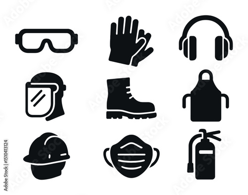 Safety Gear Icons. Solid, filled icons set of safety gear for pipe work: safety goggles, gloves, ear