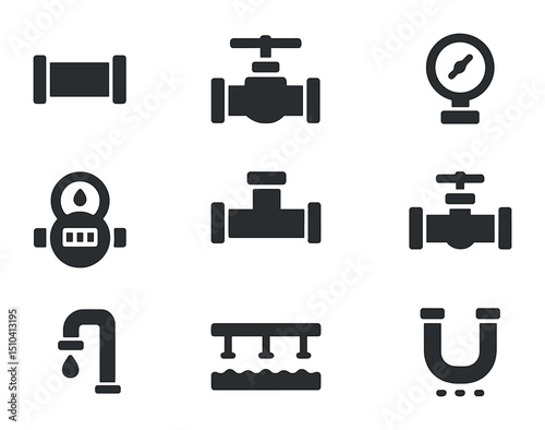 Water Supply Icons. Solid, filled icons set of water supply piping: main pipe, shut-off valve, pressure gauge,