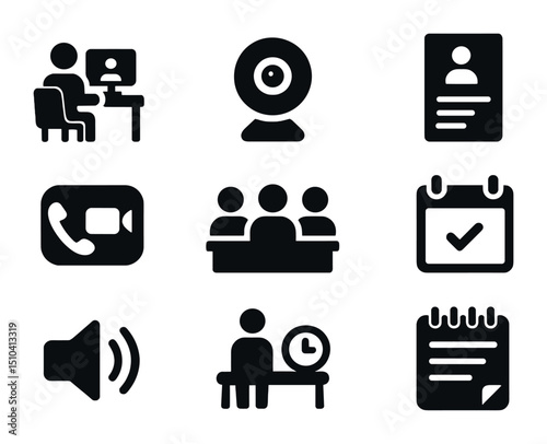 Virtual Interview Icons. Solid, filled icons set of virtual interview setup: candidate at desk, webcam focus,
