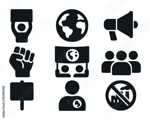 Climate Protest Icons. Solid, filled icons set of climate protests: protester with sign, Earth icon, megaphone