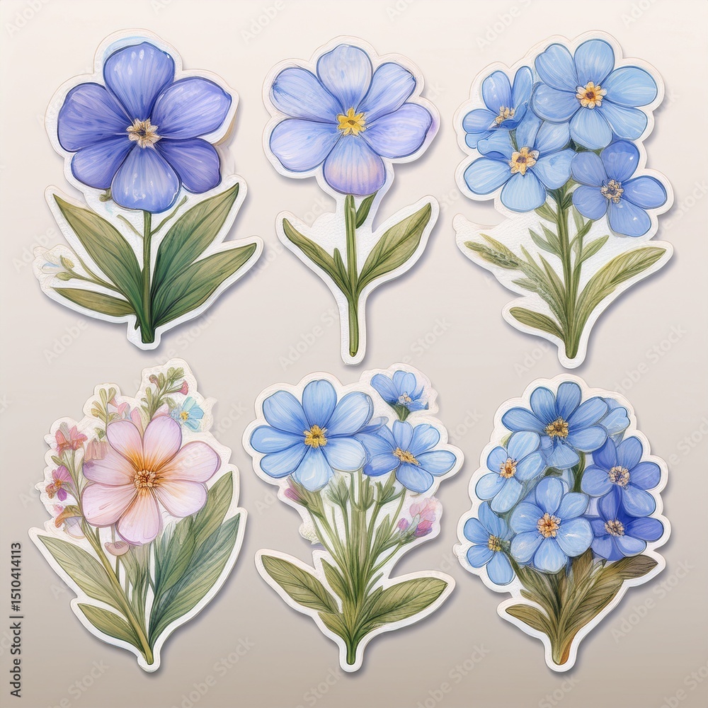 Stickerbogen mit nostalgischen Vergissmeinnicht-Blumen zum Ausschneiden