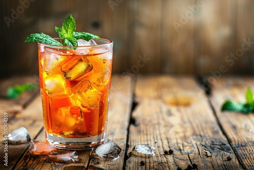 Summer iced drink tea or juice with ice and mint. On rustic wooden table, copy space