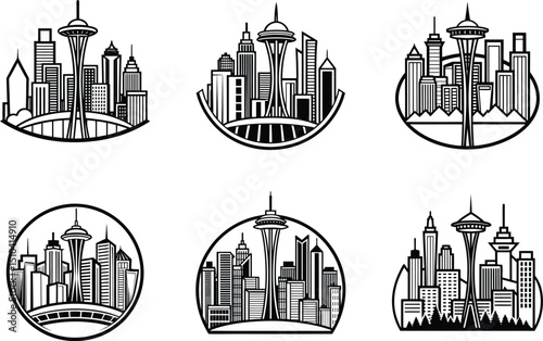 Set Of Line Art Seattle Cityscape Silhouettes.