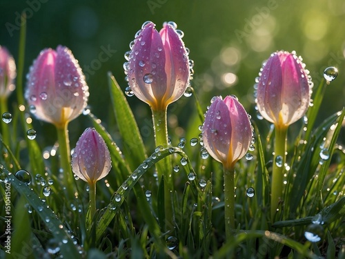 Macro shot of flowers and grass blades with dew drops glistening in morning light